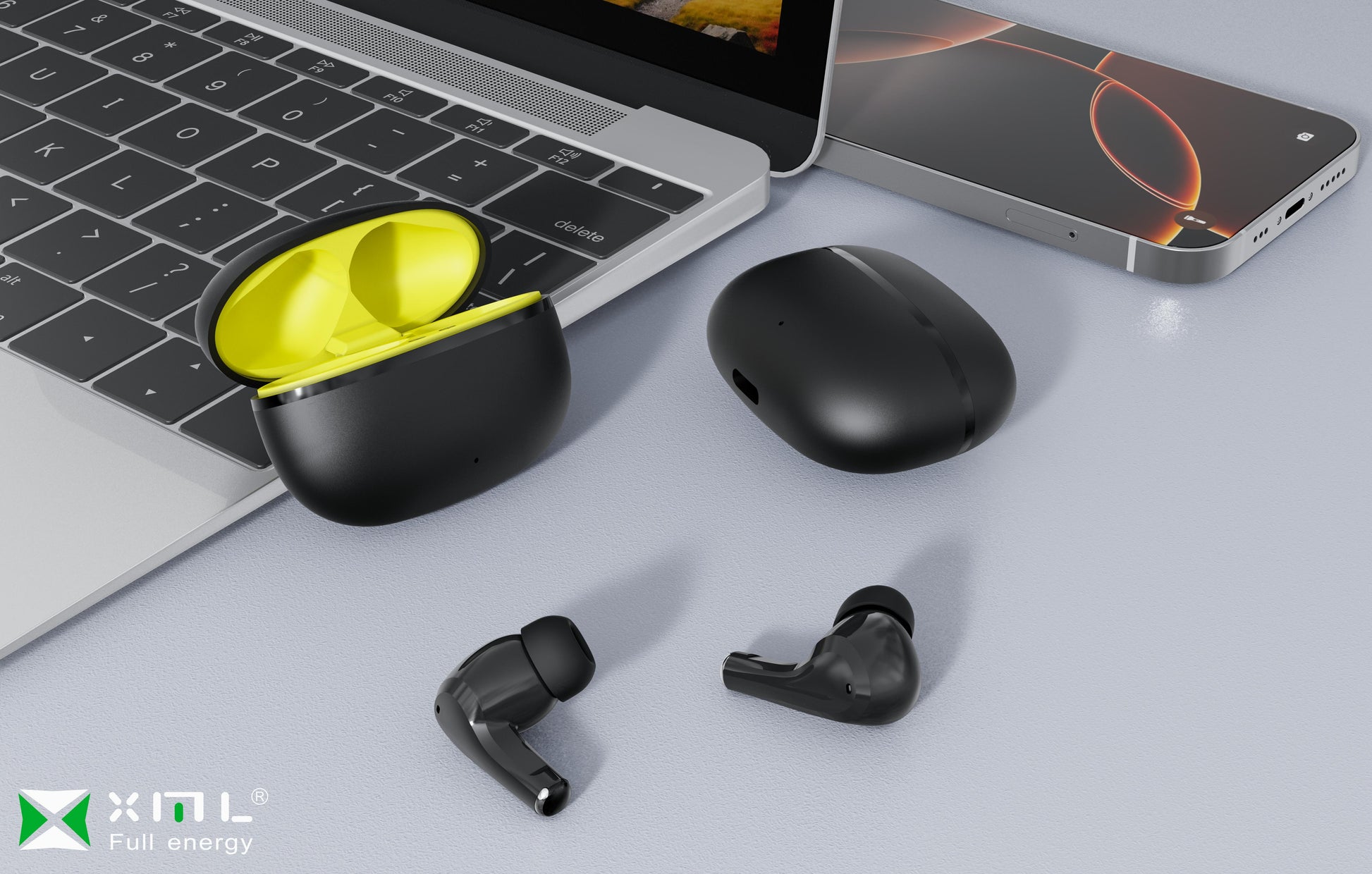 xmlcharge black in-ear true wireless Bluetooth earbuds with black and yellow charging case