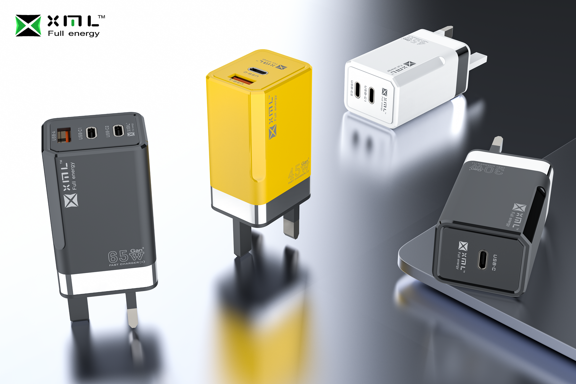 xmlcharge LD-332 65W GaN 3-port fast charger with UK plug