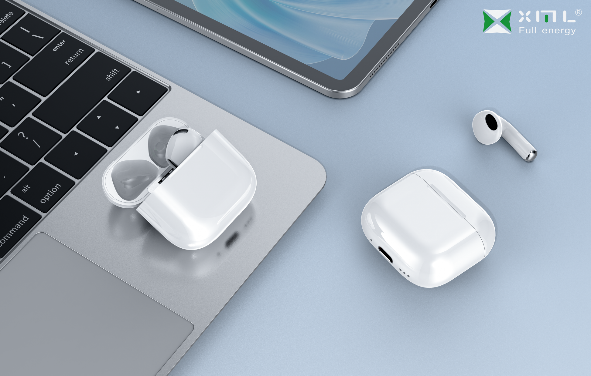 xmlcharge white semi-in-ear true wireless Bluetooth earbuds with charging case