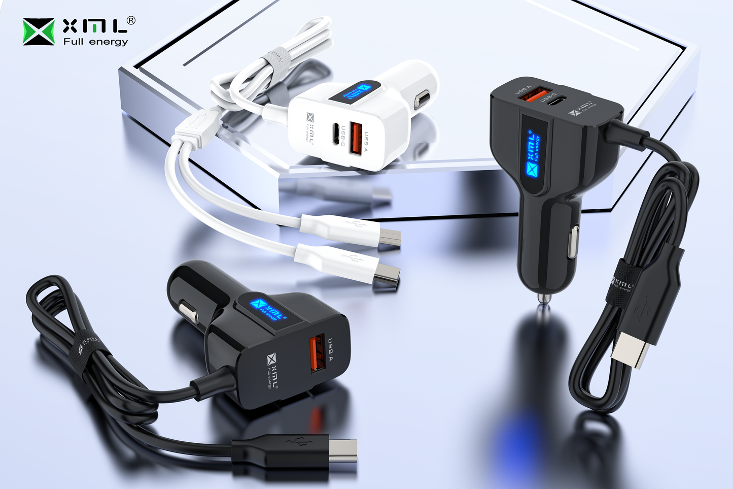 xmlcharge XCC-006 car charger with built-in cable, USB-C and USB-A ports